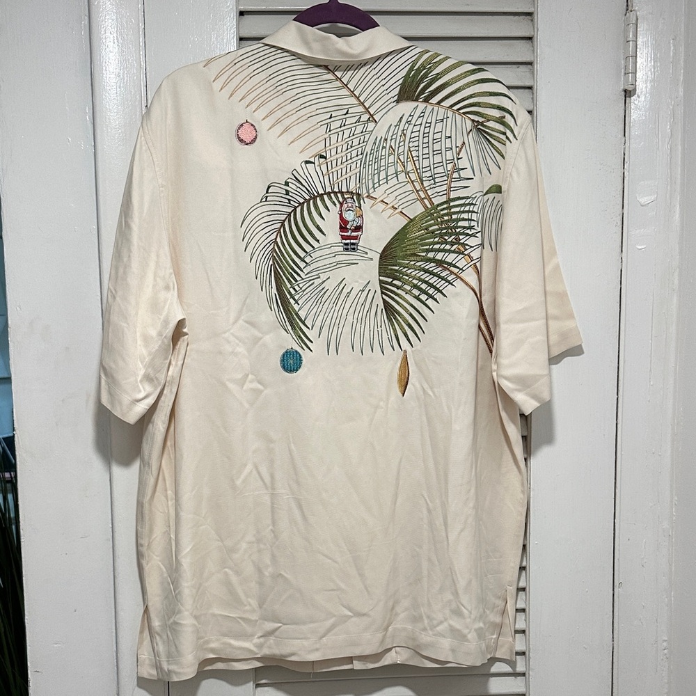 Tori Richard Cream Silk Shirt with Green and Brown Palm embroidered.